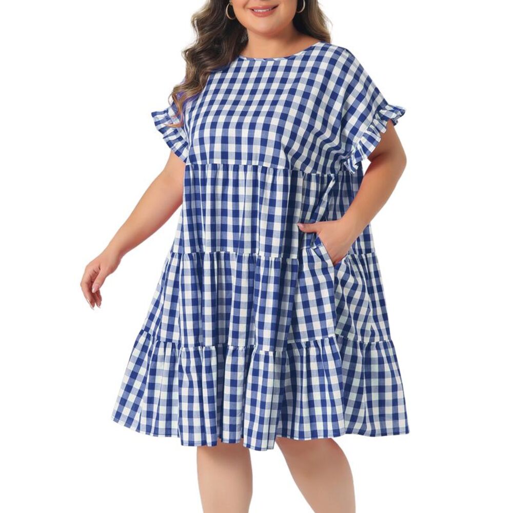 Women Plus Size Ruffle Sleeve Tiered Babydoll Gingham Dress Royal Blue - Picture 2 of 5